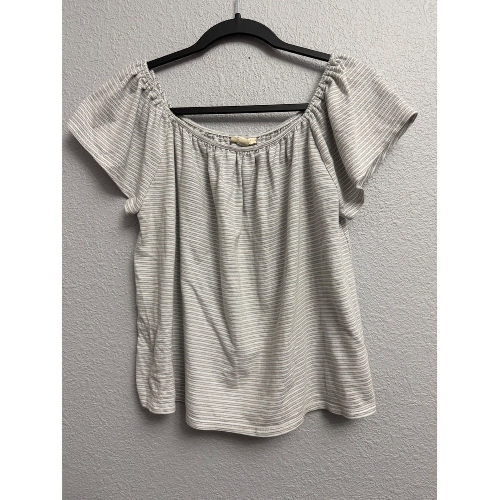 ANA A New Approach Tan White‎ Striped Scoop Neck Short Sleeve Blouse Large